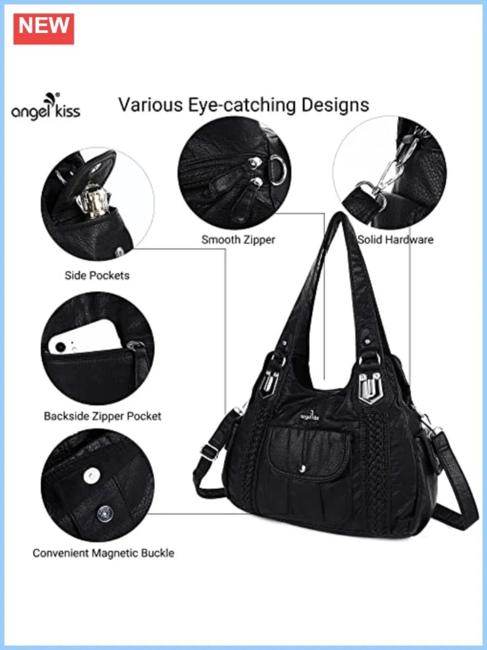 Washed Vegan Leather Crossbody Hobo Satchel Tote Shoulder Bag